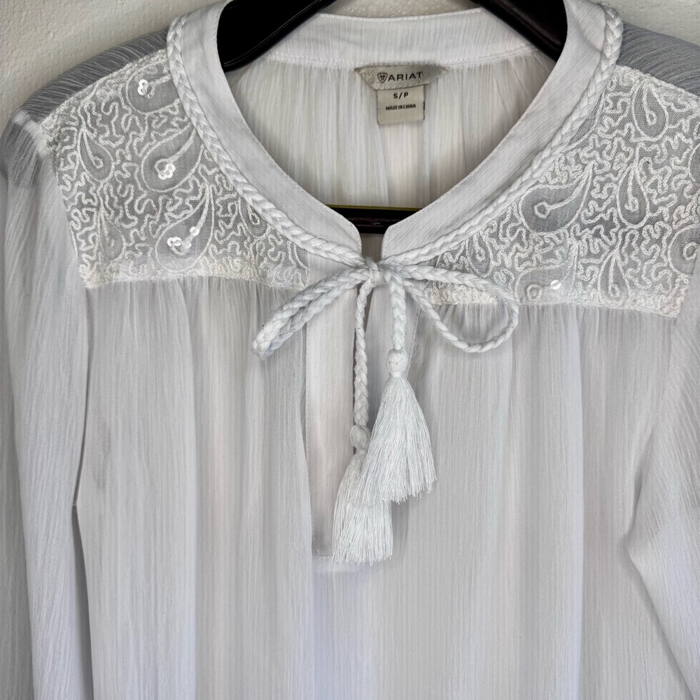 Ariat White Sheer Lace with Braided Tie at V-Neck Lace Detail SZ S - Picture 5 of 15